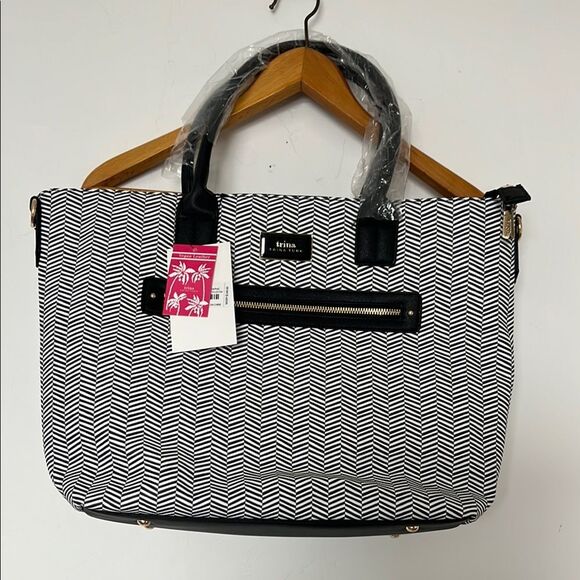 Trina Turk Print Tote Vegan Leather Black White Shoulder Bag NWT - Picture 1 of 6